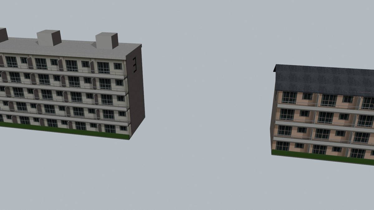 運営がつくった団地2種類。左の建物の横の壁に、ブロックでかいた番号「3」がある