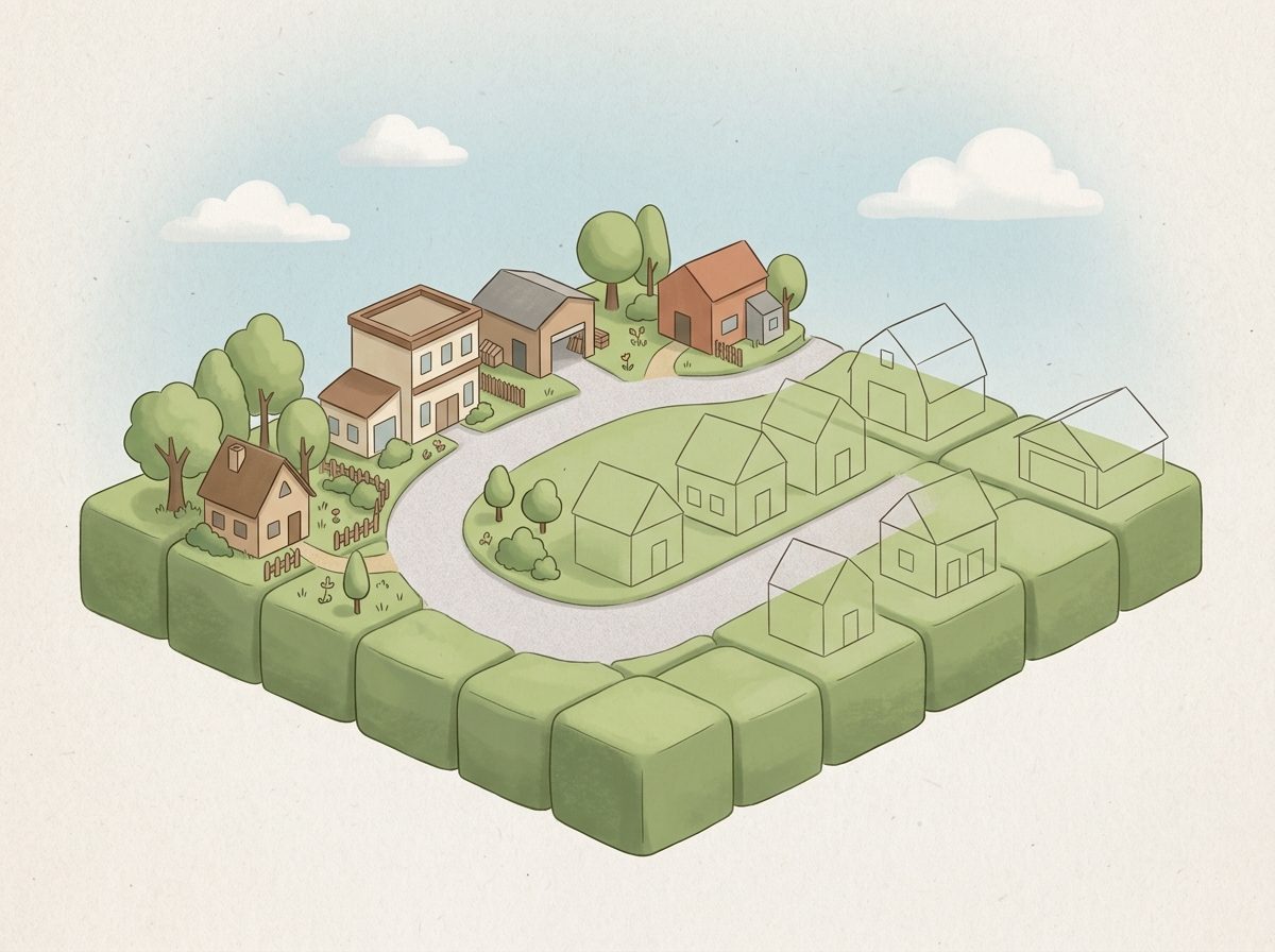 平らな地形の上に、建物が少しずつ足されていく様子を表したイラスト
