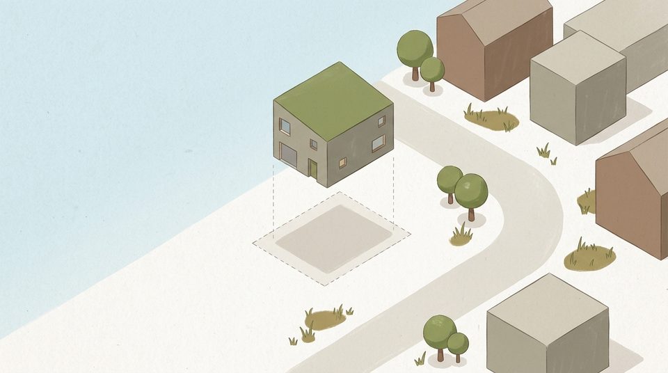空き地の枠の上に、つくった建物が降りてくる様子の説明図