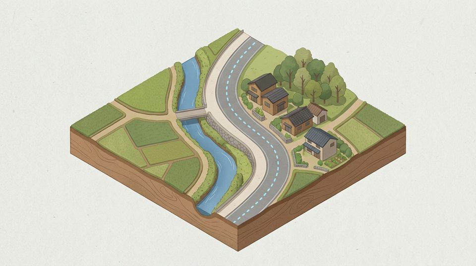 地形と道路、川、田畑、家をブロックで起こした地域の断面図