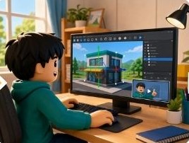 パソコンで制作ツールの解説動画を見ながら操作するキャラクター