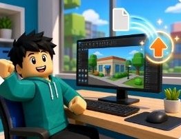 つくった建物のファイルを送って喜ぶキャラクター