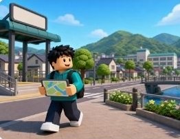 地図を持って駅前の街を歩くキャラクター
