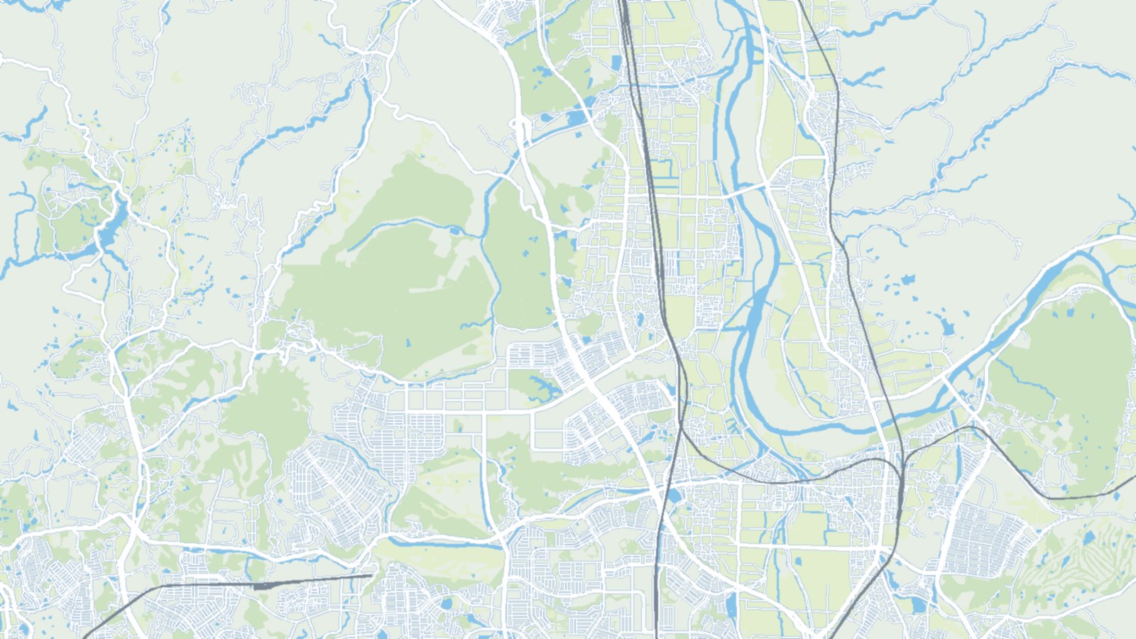 精華町の地形図。学研都市の市街地と森、田畑、鉄道を描いたもの